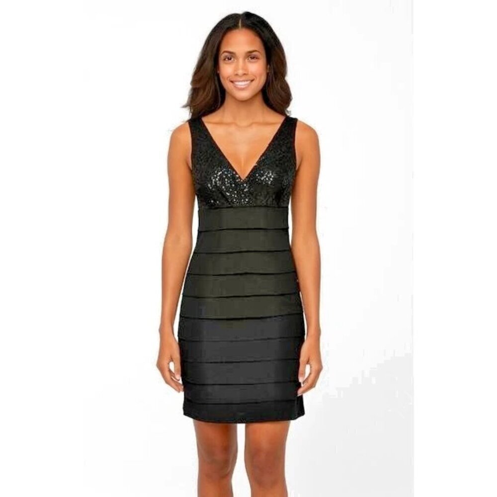 Studio Y Tiered Sequined Black Fitted Dress Sz M